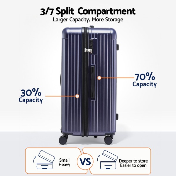 Navy hard-shell suitcase with 3/7 split compartment