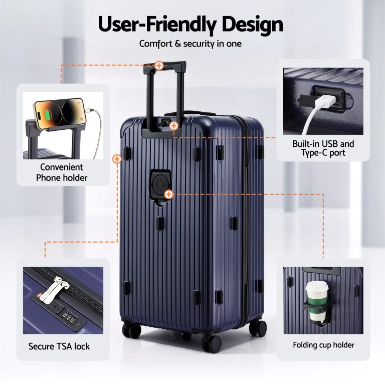 wanderlite 32 trunk luggage suitcase travel tsa type c 5 wheels deep indigo" Navy suitcase with USB port and phone holder
