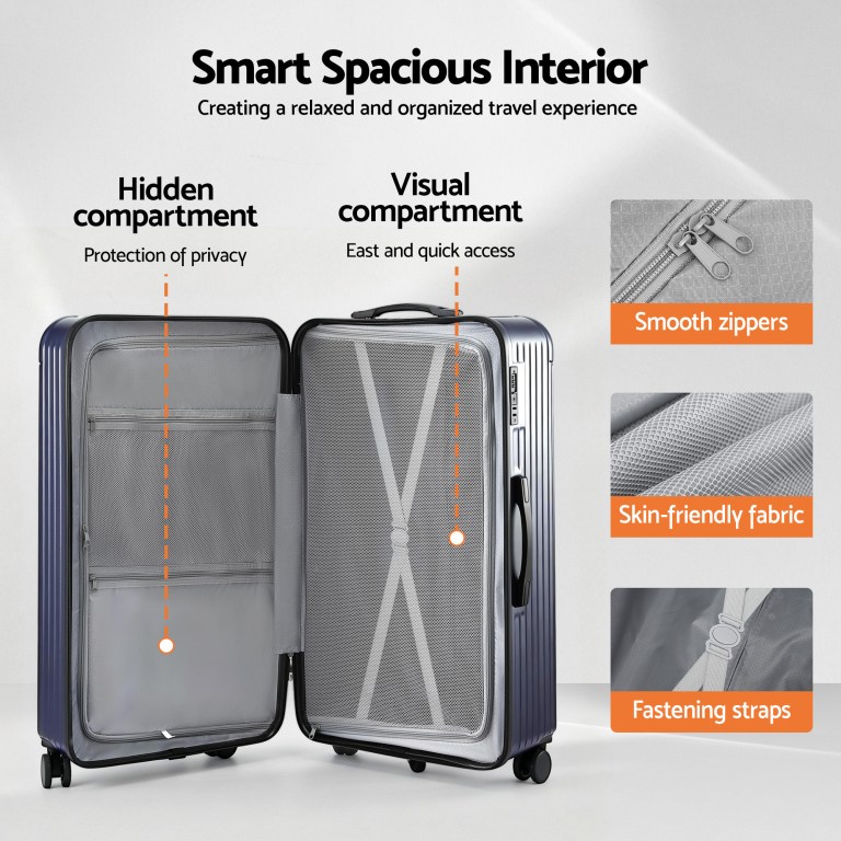 wanderlite 32 trunk luggage suitcase travel tsa type c 5 wheels deep indigo" Open suitcase showing smart organised interior compartments