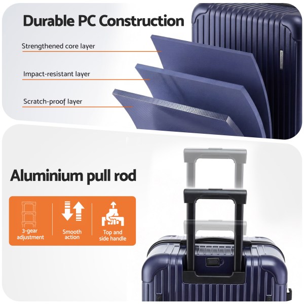 Durable hard-shell suitcase with aluminium pull handle