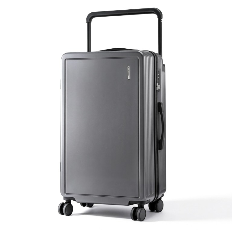 Grey hard-shell carry-on suitcase with spinner wheels