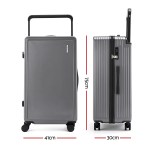 Grey hard-shell suitcase with dimensions displayed