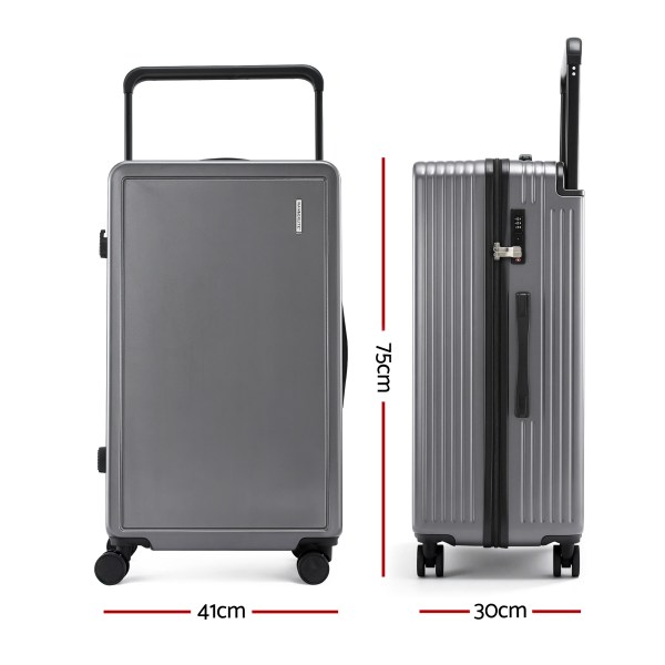 wanderlite 28 wide handle luggage suitcase travel tsa lock anthracite grey" Grey hard-shell suitcase with dimensions displayed