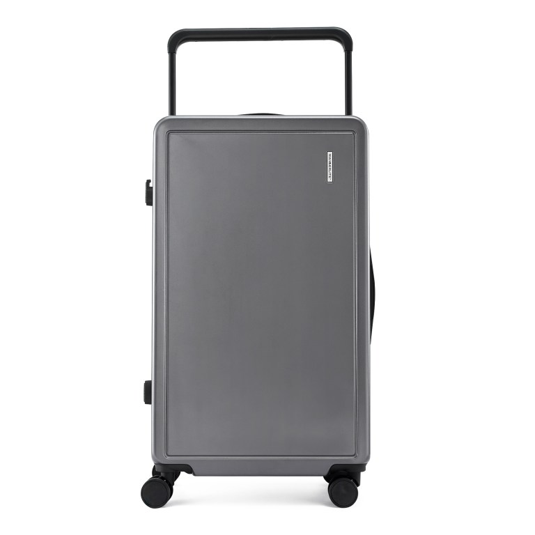 Grey hard-shell carry-on suitcase with wheels
