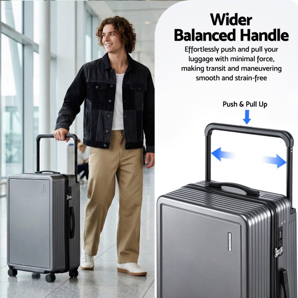 wanderlite 28 wide handle luggage suitcase travel tsa lock anthracite grey" Traveller with suitcase featuring wider balanced handle