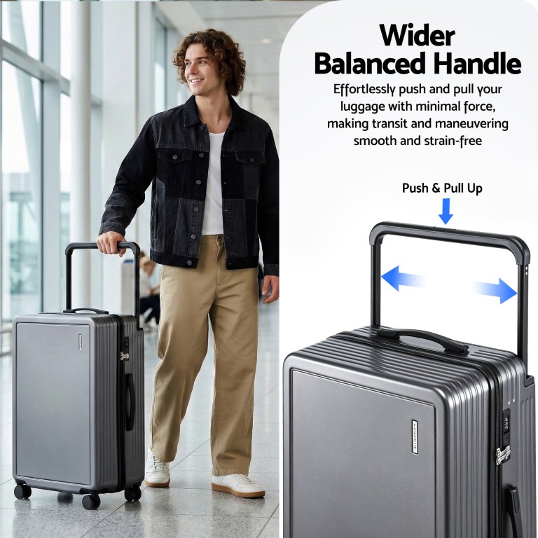 Traveller with suitcase featuring wider balanced handle