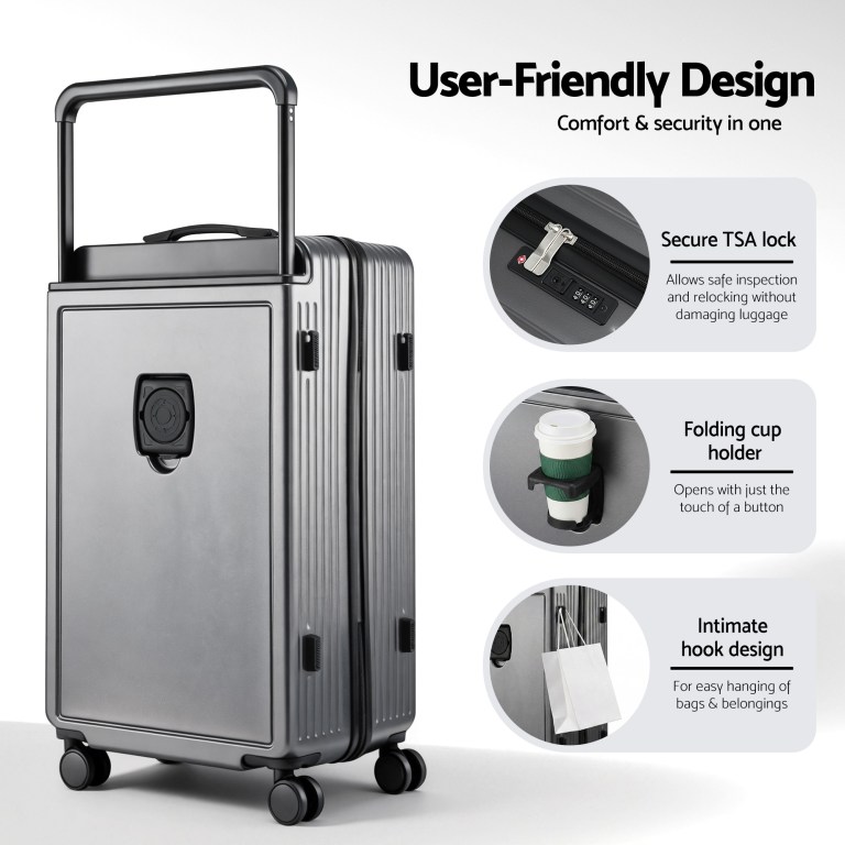 Grey hard-shell suitcase with TSA lock features