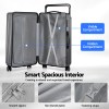 wanderlite 28 wide handle luggage suitcase travel tsa lock anthracite grey" Open grey suitcase with visible and hidden compartments