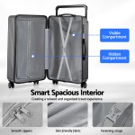 Open grey suitcase with visible and hidden compartments