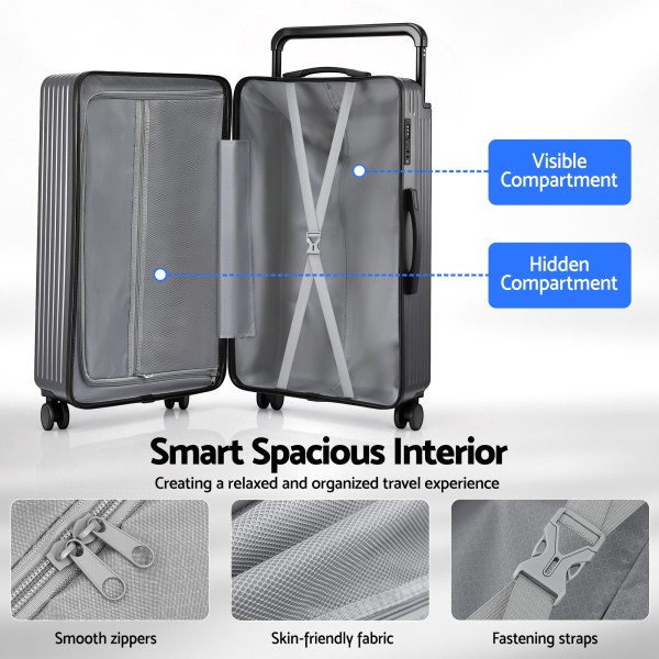 wanderlite 28 wide handle luggage suitcase travel tsa lock anthracite grey" Open grey suitcase with visible and hidden compartments