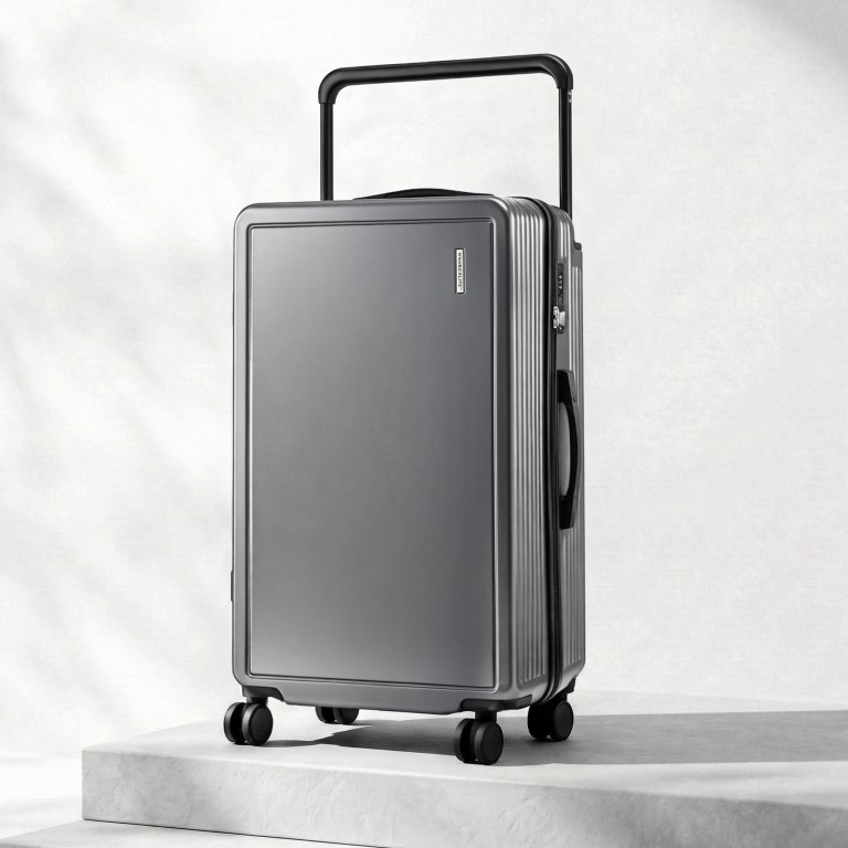 Grey hard-shell suitcase with telescopic handle and wheels