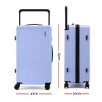 Light blue hard-shell suitcase with dimensions shown
