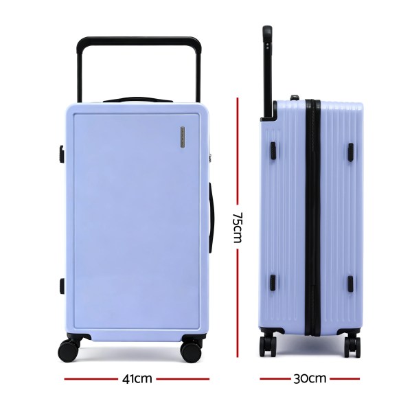 wanderlite 28 wide handle luggage suitcase travel tsa lock light blue" Light blue hard-shell suitcase with dimensions shown