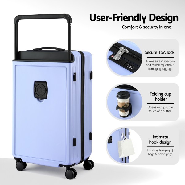 wanderlite 28 wide handle luggage suitcase travel tsa lock light blue" Light purple suitcase with TSA lock and cup holder