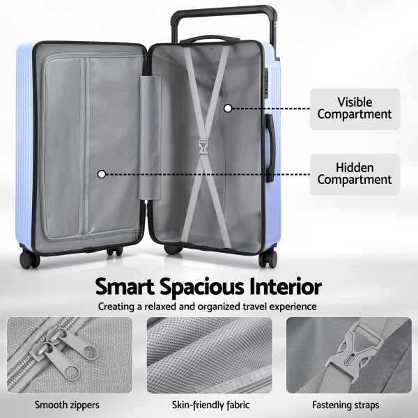 wanderlite 28 wide handle luggage suitcase travel tsa lock light blue" Open suitcase showing organised interior compartments