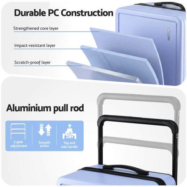 wanderlite 28 wide handle luggage suitcase travel tsa lock light blue" Light blue hard-shell suitcase layered construction diagram