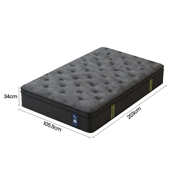levitex king single mattress 34 cm 5 zone pressure relief pocket spring with reinforced edge support & breathable gel memory foam hybrid mattress Grey patterned mattress with dimensions labelled