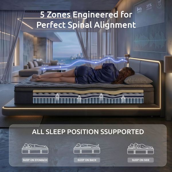 levitex king single mattress 34 cm 5 zone pressure relief pocket spring with reinforced edge support & breathable gel memory foam hybrid mattress Woman sleeping on zoned mattress with spinal alignment