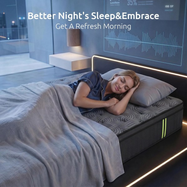 levitex king single mattress 34 cm 5 zone pressure relief pocket spring with reinforced edge support & breathable gel memory foam hybrid mattress Woman sleeping on modern smart bed with display