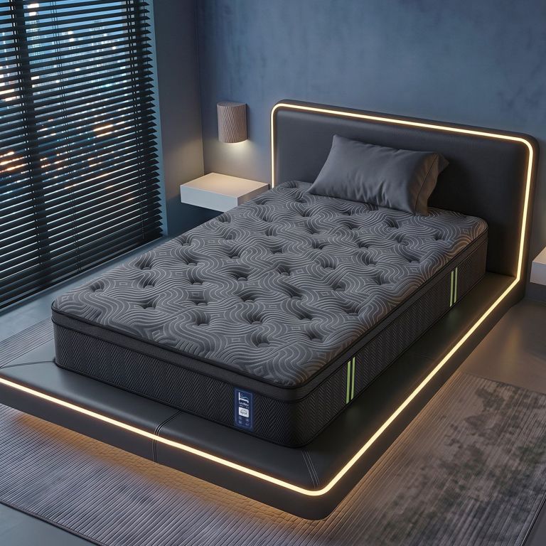 Modern LED-lit bed with patterned mattress