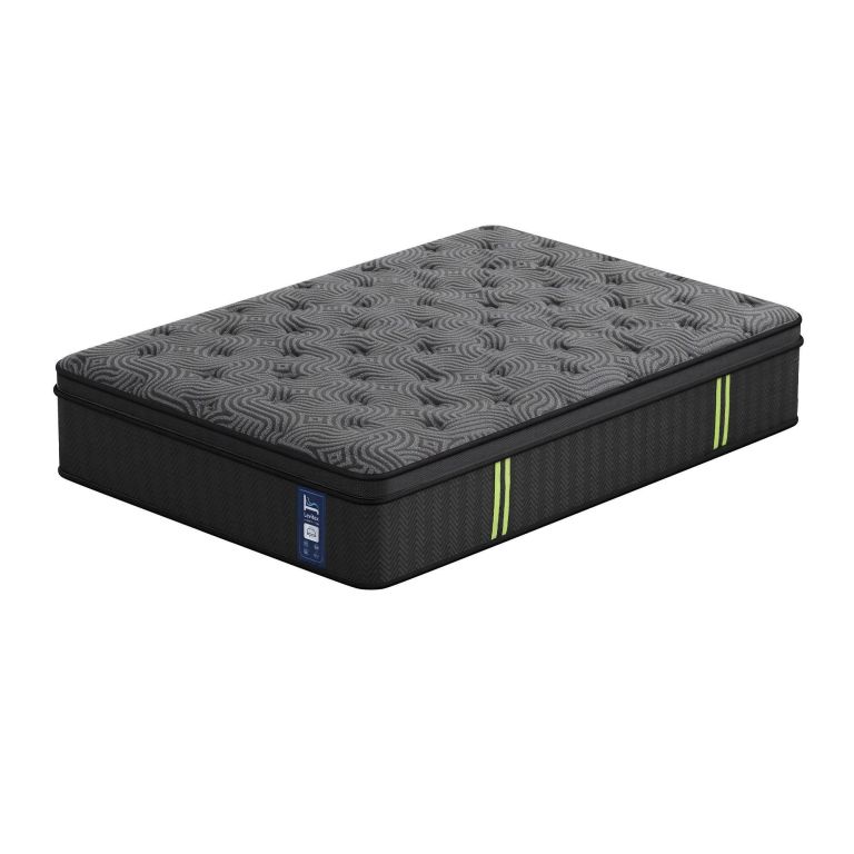 Grey patterned mattress with black sides and green trim