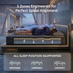 Woman sleeping on zoned mattress with spinal alignment graphic