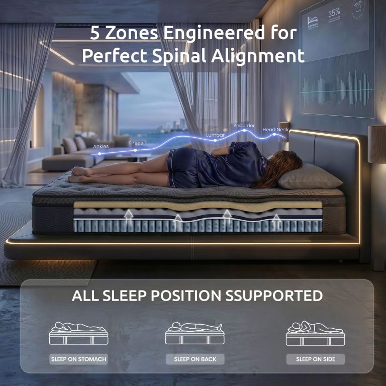 Woman sleeping on zoned mattress with spinal alignment graphic