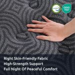Hand pressing textured mattress with certification badges
