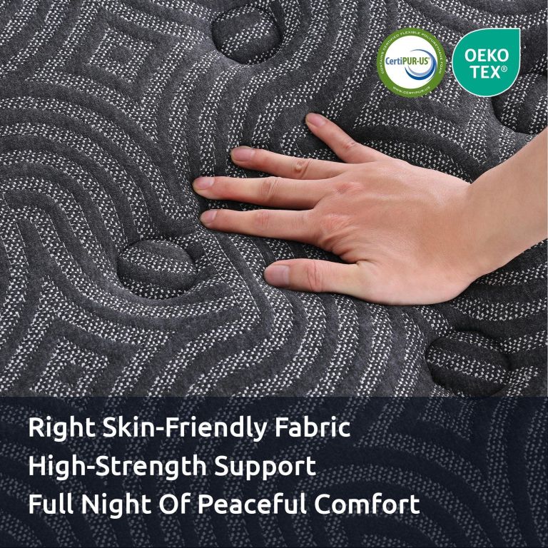 Hand pressing textured mattress with certification badges