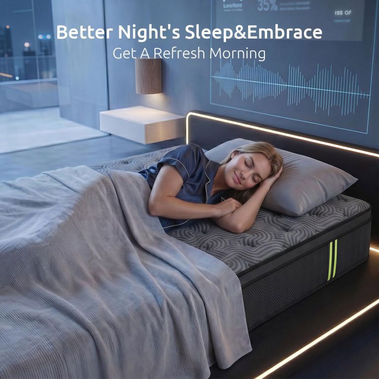 Woman sleeping on smart bed with sleep tracker