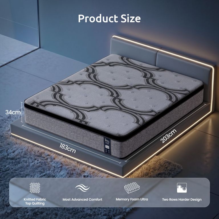 levitex king mattress 34 cm 5 zone pocket spring with latex & memory foam or extra lumbar & shoulder support Modern memory foam mattress with dimensions displayed