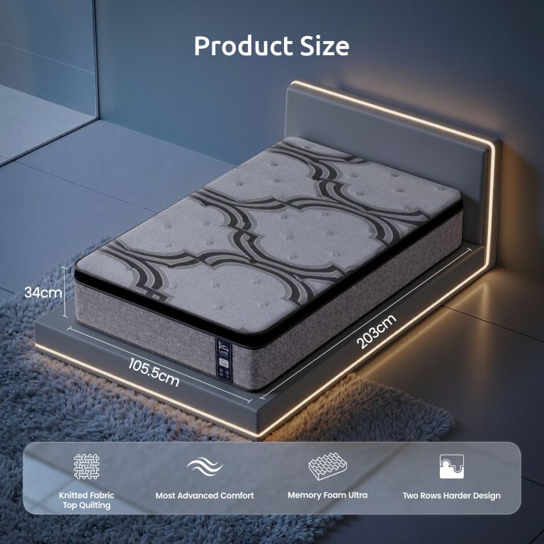 Memory foam mattress with dimensions displayed