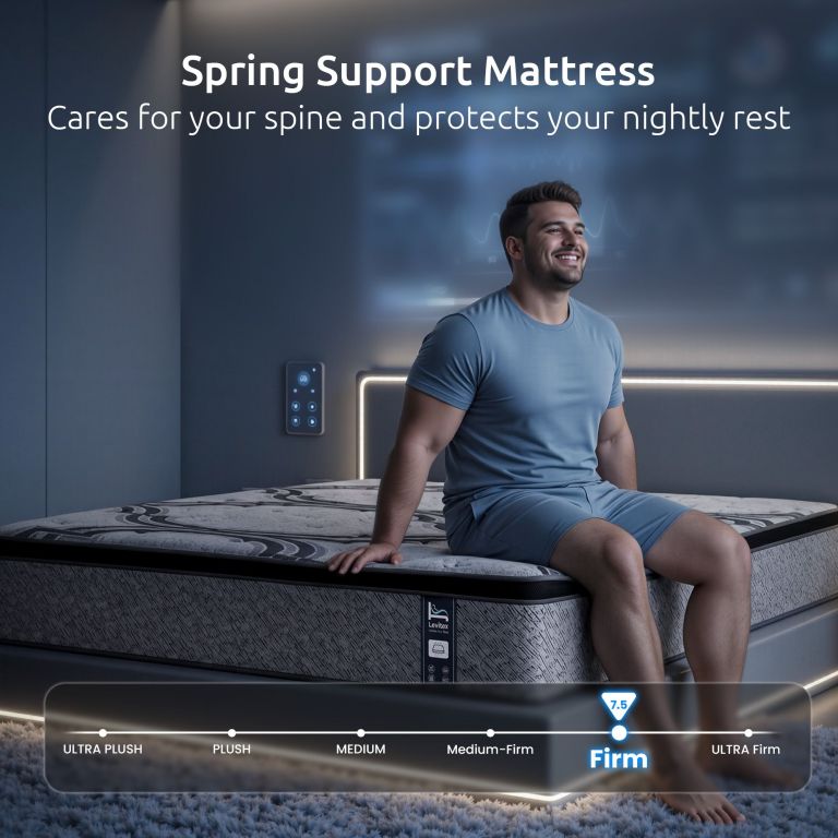 levitex queen mattress 34 cm 5 zone pocket spring with latex & memory foam or extra lumbar & shoulder support Man sitting on firm spring support mattress