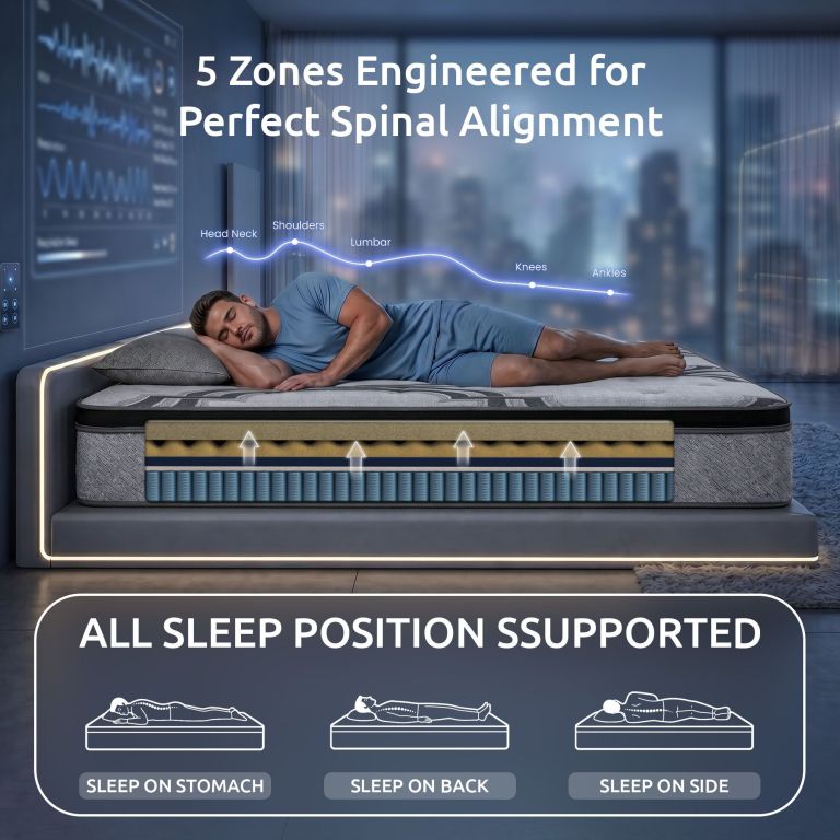 levitex queen mattress 34 cm 5 zone pocket spring with latex & memory foam or extra lumbar & shoulder support Man sleeping on zoned mattress with spinal alignment