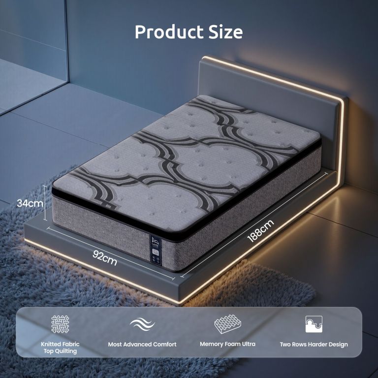 Single mattress with dimensions 188cm x 92cm x 34cm