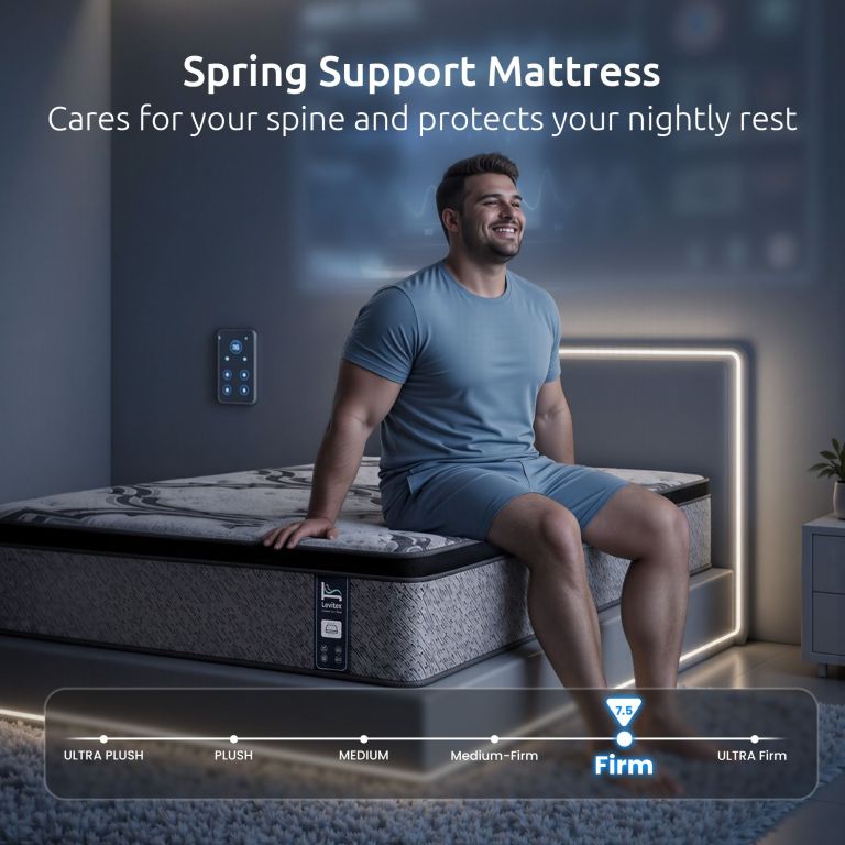 Man sitting on firm spring support mattress