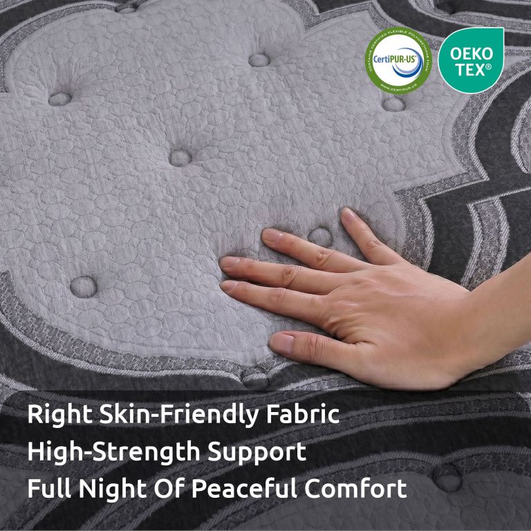 Hand pressing grey quilted mattress with certifications