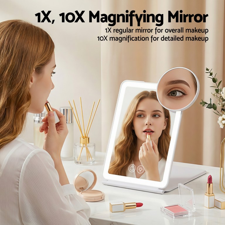 Woman applying lipstick using 1X 10X magnifying mirror