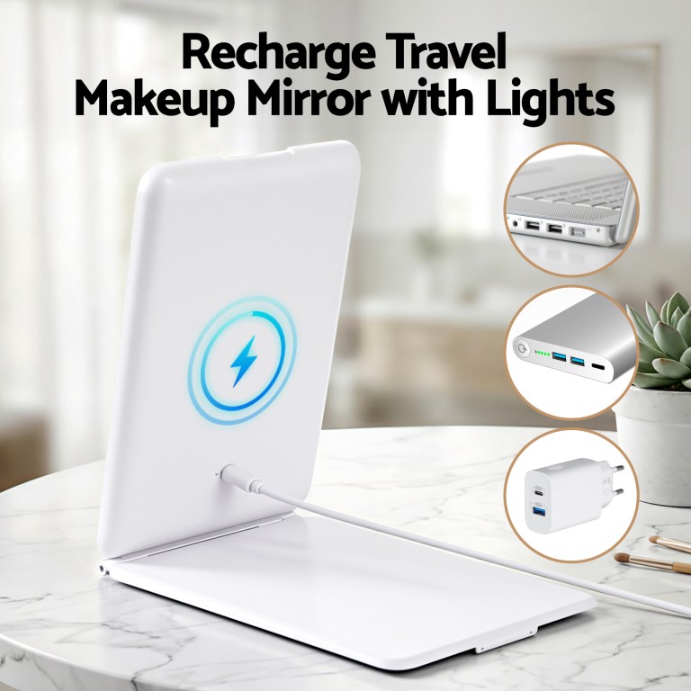 Rechargeable travel makeup mirror with built-in lights