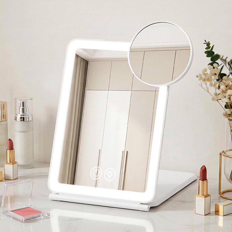 White LED vanity mirror with magnifying attachment
