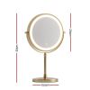 Gold LED tabletop vanity mirror with dimensions