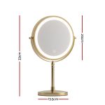Gold LED tabletop vanity mirror with dimensions