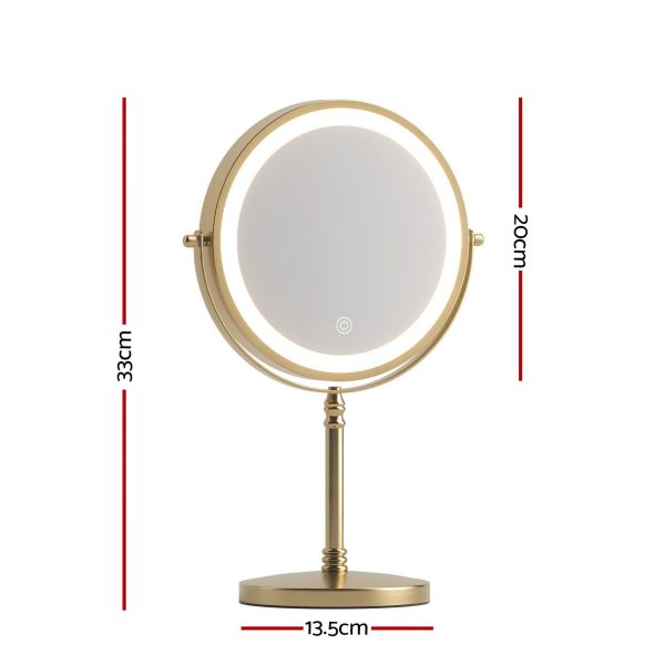 Gold LED tabletop vanity mirror with dimensions