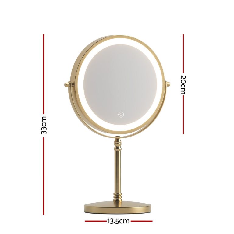 Gold LED tabletop vanity mirror with dimensions