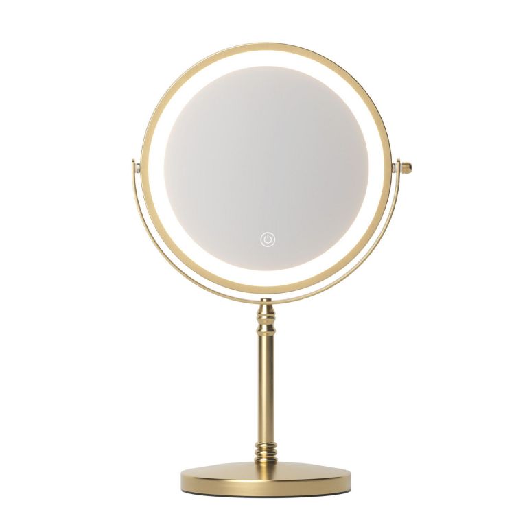 Round LED vanity mirror with gold stand