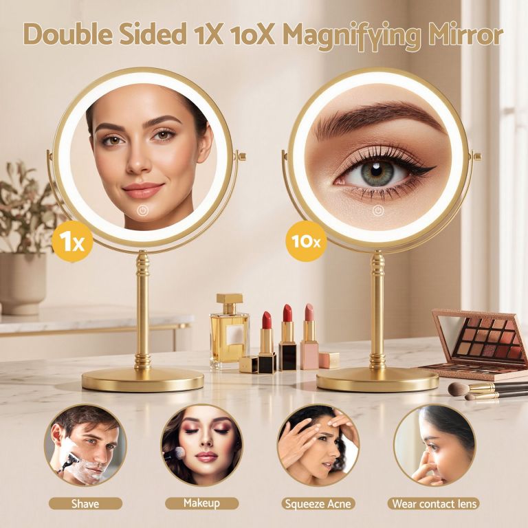 Double-sided 1X 10X magnifying vanity mirror