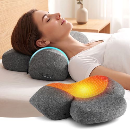 neck massager pl01 gy 00.jpg Woman using heated neck support pillow on bed