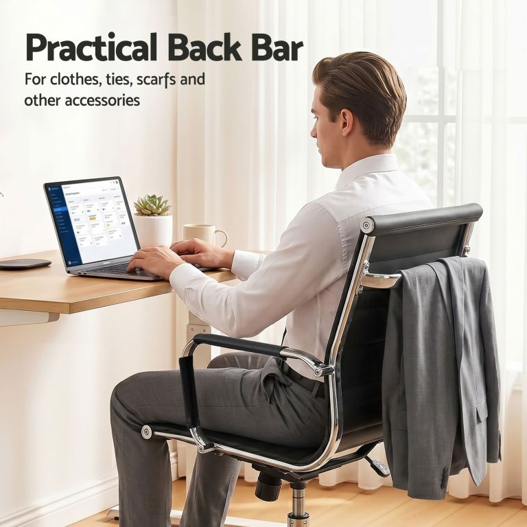 artiss office chair conference chairs pu leather mid back black Man using laptop with jacket on chair back