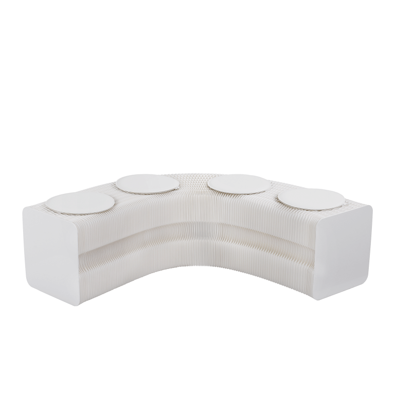 Curved white sculptural bench with round seat pads