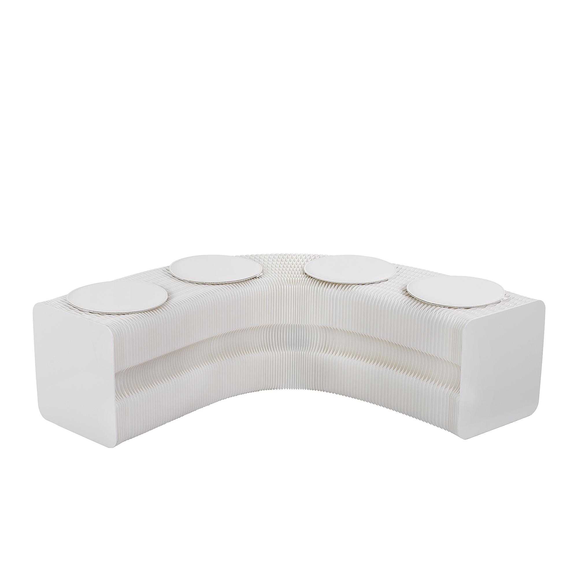 Curved white sculptural bench with round seat pads